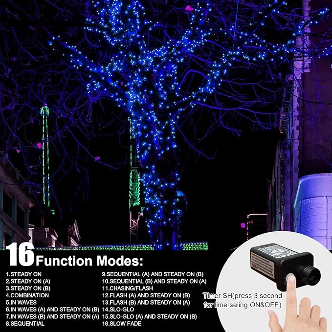 LAMPHOME 165FT 500 LED Blue Christmas Lights,16 Modes Connectable Fairy String Lights, Plug in Indoor Outdoor Blue Lights for Xmas Tree, Party, Garden, Hanukkah, Independence Day Patriotic Patio Decor