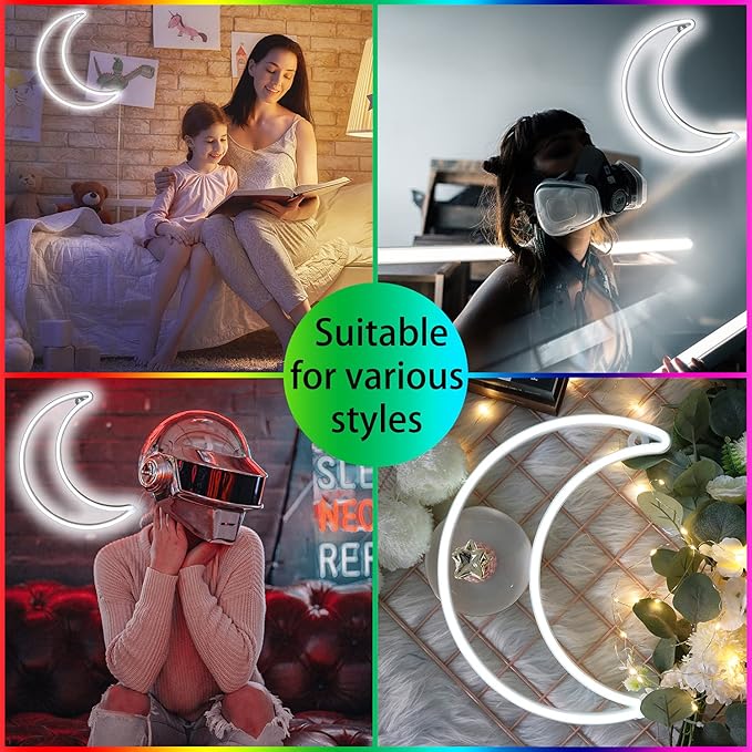 LED Cool White Moon Neon Light, Cute Neon Moon Sign,Christmas Room Decor Battery or USB Powered 5V Art LED Decorative Lights Night Lights Indoor for Home, Bedroom, Office,Dorm,Party (Cool White Moon)