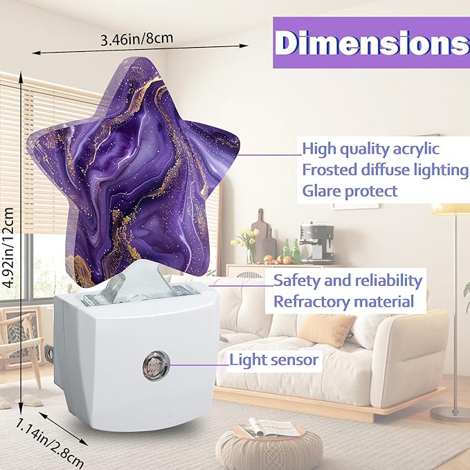 Purple Gold Marble Night Light for Kids,Dreamy Night Lights Plug Into Wall, Lightweight Dusk to Dawn Light Sensor Warm Nightlights for Girls Boys Bedroom Nursery Basement