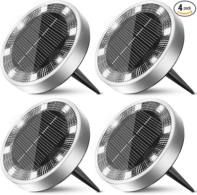 4 Pack Solar Ground Lights Outdoor, Solar Powered Disc Lights for Outside, IP65 Waterproof Anti-Rust Flat Disk Light, Small Landscape Lighting for Pathway Garden Yard Walkway Driveway Lawn,Cool White