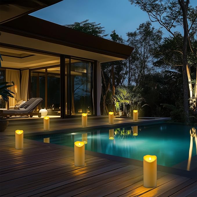 Homemory 4"x9" Outdoor Waterproof Flameless Candles with Timers and Remote Control, Battery Operated Candles, LED Plastic Candles, Ivory White, Set of 4