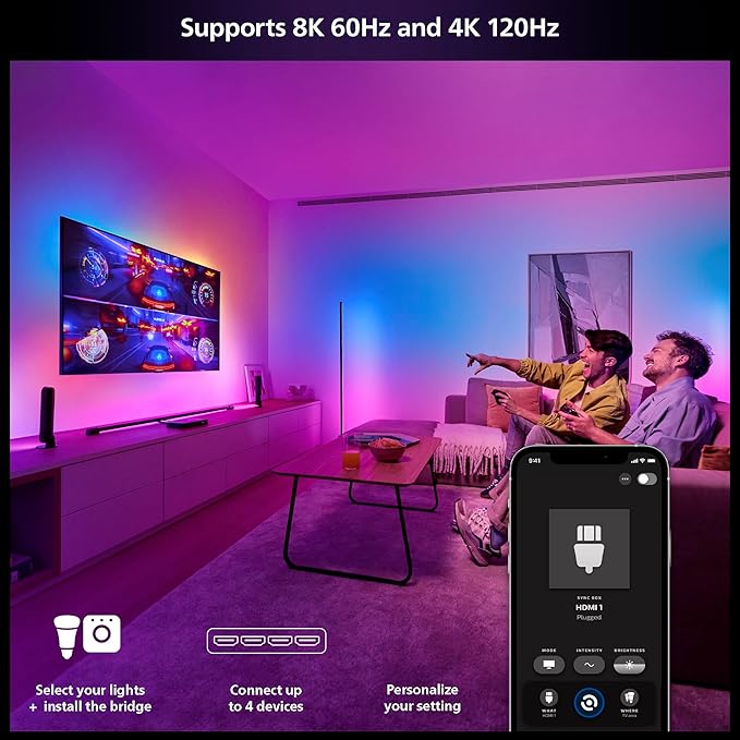 Philips Hue Play HDMI Sync Box 8K + Gradient 65" Smart TV Light Strip - Sync Your Video Games, Movies, and Music - Requires Hue Bridge - Supports Dolby Vision HDR10+ - Control with Hue App