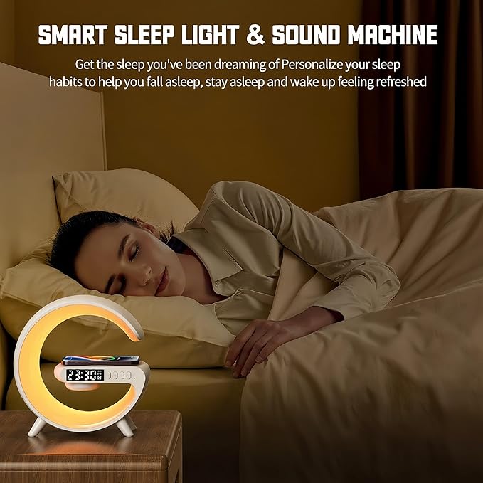 LED Table Lamp with Wireless Charger, G Shaped Night Light Lamp with Bluetooth Speaker, Sunrise Alarm Clock, Smart Mini Atmosphere Lamp for Bedroom, Office, Living Area (Black)