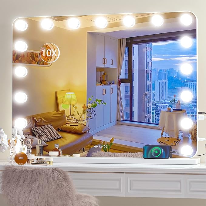 Hasipu Vanity Mirror with Lights, 32" x 24" Hollywood Mirror, Makeup Mirror with 17 Dimmable Bulbs and 10X Magnification, 3 Colors Modes, Touch Control, USB Charging Port, Type-C (Round White)