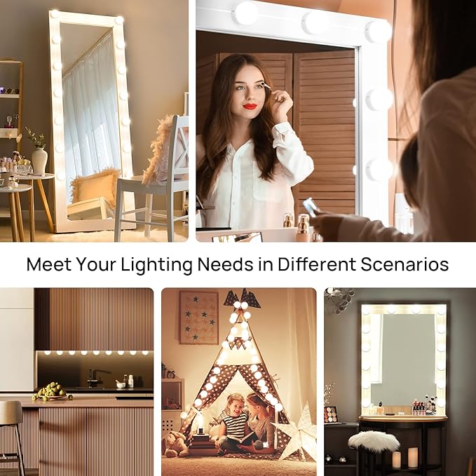 LED Vanity Lights For Mirror, Consciot Hollywood Style Lights With 14 Dimmable Bulbs, Adjustable Color & Brightness, USB Cable, Mirror Lights Stick on for Makeup Table Dressing Room Mirror,White