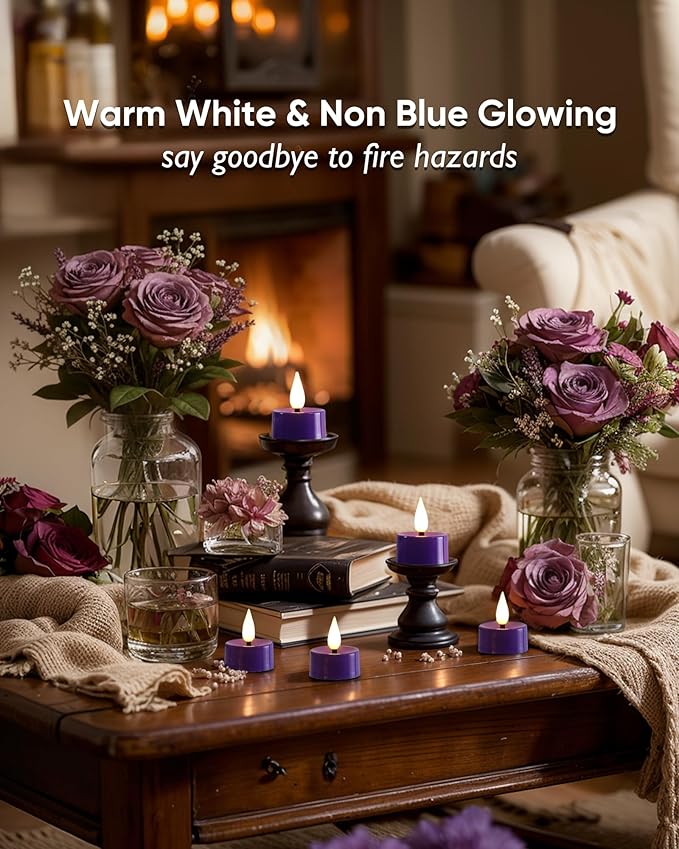 Amagic Flameless Purple Timer Remote Tealights Candles, 3D Black Wick Flickering Tea Light, 300+Hour Colored Votive Candles Battery Operated, Set of 12 for Party, Wedding Table, Halloween, Mardi Gras