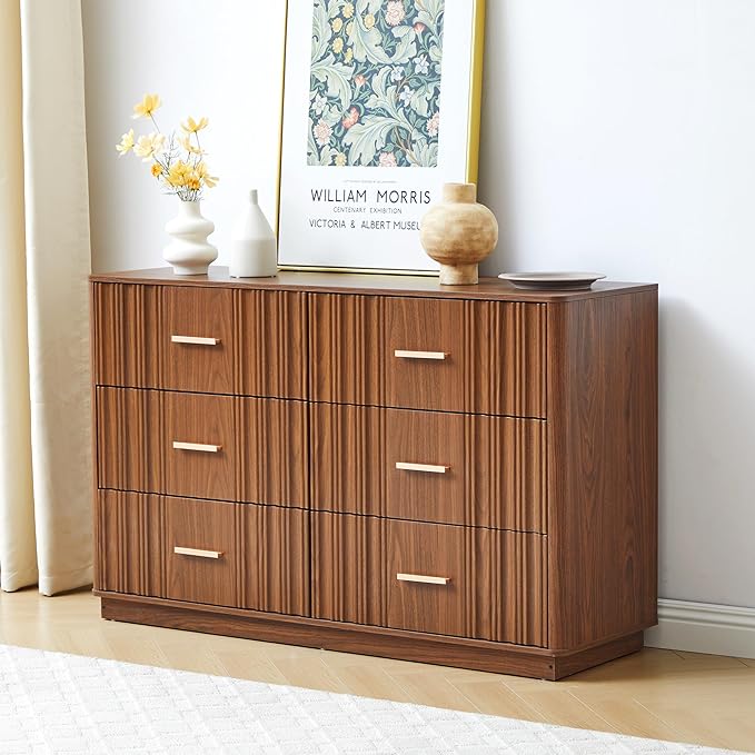Fluted Double Dresser for Bedroom with 6 Drawers, 47" Wide Modern Chest of Drawers, Curved Profile Wood Storage Dressers TV Stand,Wooden Closet Clothes Storage Organizer for Living Room Hallway,Walnut