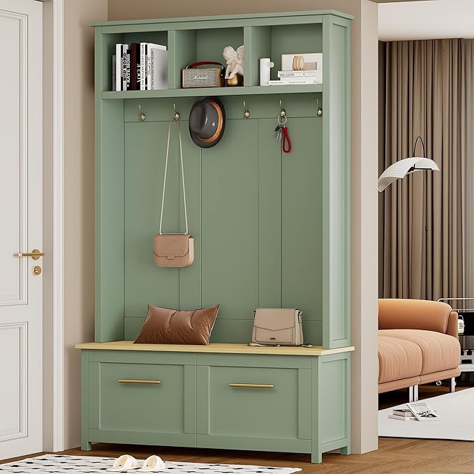 Merax Versatile 4-in-1 Hall Tree with 6 Golden Hooks, Wood Grain Bench with Multiple Storage Space, Entryway Coat Rack with 2 Drawers for Living Room, Hallway, Mint Green