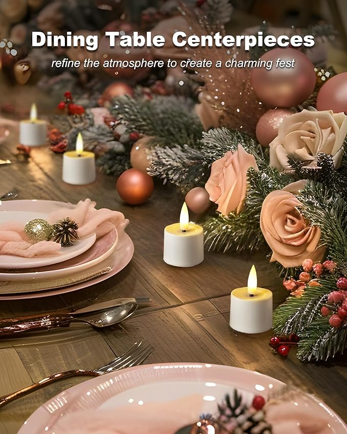 Flameless Candles, 12Pack Timer LED Votive Candles, Realistic 3D Flickering Tea Lights Candles Battery Operated with 6 Hours Timer Auto for Wedding Home Decor- White Base