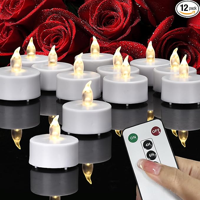 Tea Lights Candles Battery Operated with Remote Control, 12Pcs Flickering Flameless Candle with Timer, Long Lasting 400+ Hours Led Electric Candle for Home Decor, Wedding, Party (WarmWhite)