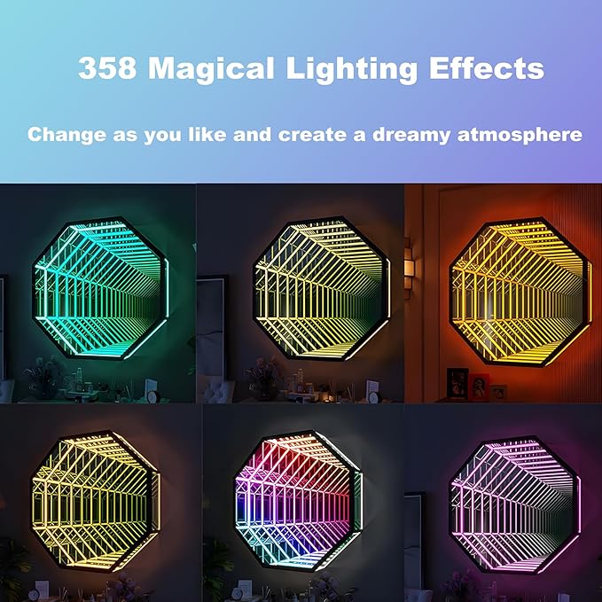 3D Infinity Mirror Light, 28" Octagon LED Tunnel Wall Light with 358 LEDs, App & Remote RGB Color Changing Mirror for Gaming Room Decor, Party, Bar, Geometric Art Deco Wall Mounted