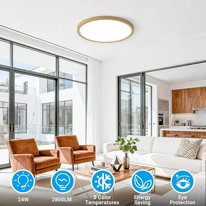 LED Flush Mount Ceiling Light,12Inch 24W,3000K/3500K/4000K/5000K/6500K 5 Color Temperatures Ceiling Light Fixture for Kitchen Porch Hallway Bedroom Bathroom and Closet,Wood