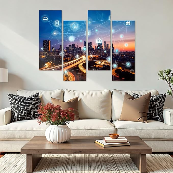 Canvas Wall Art Prints Pictures smart city wireless communication network Framed Posters Modern Wall Painting Artwork Gift Home Decor for Living Room Ready to Hang 4 Panel