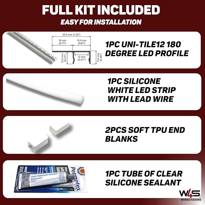 Wired4Signs Nicho Series White LED Tile Edge Light Strip Kit 24V DC Warm White 3000K Waterproof Silicone Profile Dimmable for Bathroom Shower Accent Lighting (1m (39")) LED Kit Only