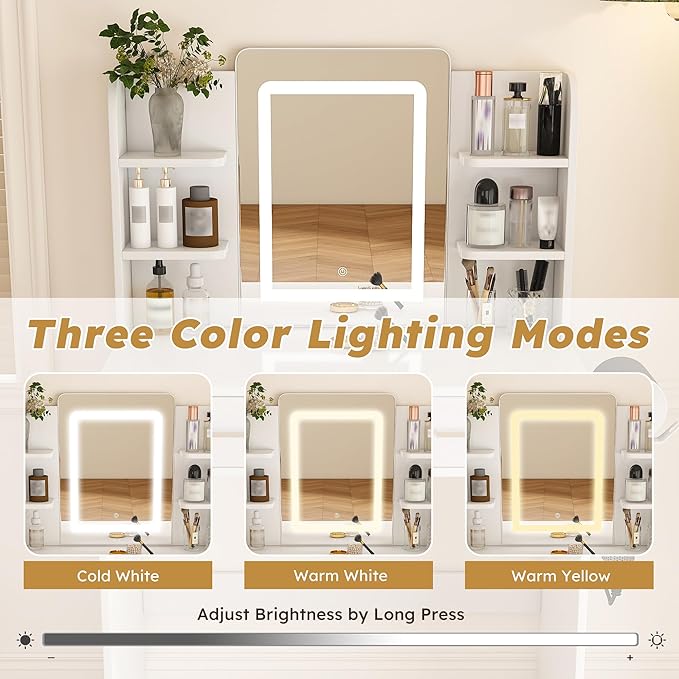 Small Makeup Vanity Desk with Mirror and Lights, Vanity Table Set with 2 Storage Drawer & Open Shelves, 3 Lighting Colors, Adjustable Brightness Makeup Vanity, White