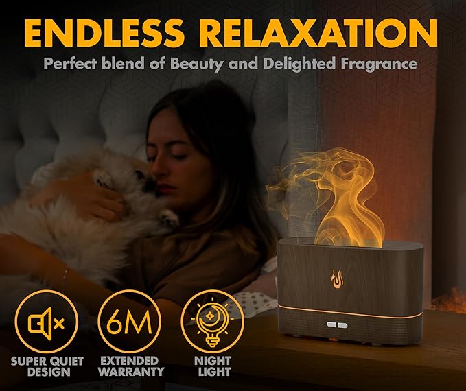 Colorful Aroma Essential Oils Diffuser for Home, Quiet Cool Mist Flame Humidifier for Bedroom with Remote, Fire Flame Diffuser Humidifier with Scent (Dark Wood)