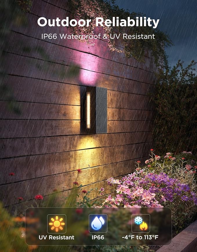 Govee Outdoor UpDown Wall Light, 2 Pack, 1200LM RGBICWW Smart Porch Lights Outdoor with 64 Scene Modes, IP66 Waterproof Wall Sconce for Outdoor Decor, Works with Alexa, Google Assistant and Matter