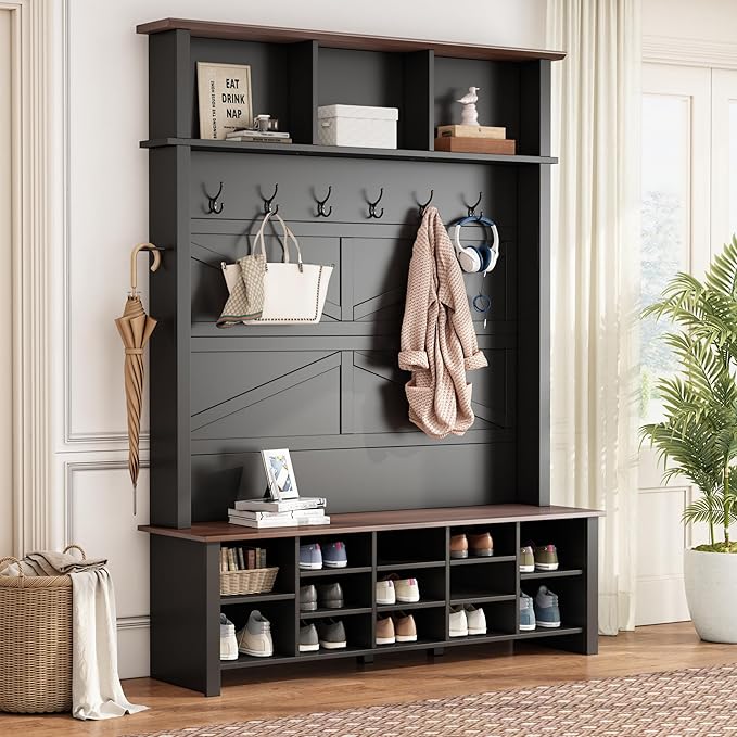 Farmhouse 4-in-1 Hall Tree with 6 Hooks, Practical Walnut Entryway Bench with Adjustable Shelves, Wooden Style Rustic Shoe Organizer with 16 Open Compartments for Mudroom, Living Room (Black/8C)