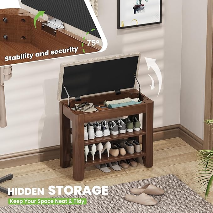 Shoe Bench for Entryway, Solid Rubberwood Shoe Bench with Hidden Storage, Adjustable 2-Tier Shelves & Soft PU Leather Seat, Shoe Rack Durable Easy Assembly for Hallway or Bedroom - Beige, 23.6"