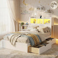 Kids Twin Bed Frame with Drawers & Storage Headboard, Solid Wood Platform Bed with Pull-Out Cabinet, Built-in LED Light & Charging Station, No Box Spring Needed, White