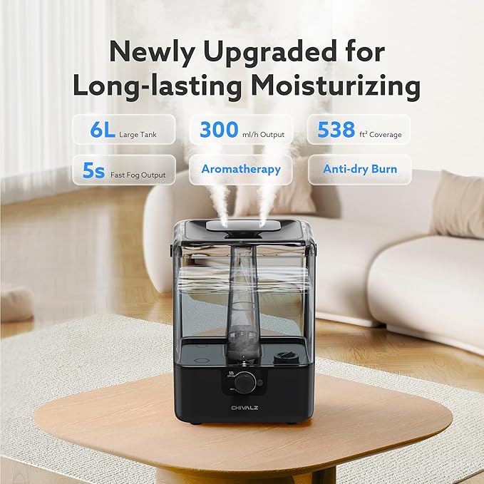 CHIVALZ Humidifiers for Bedroom Large Room Home, 6L Cool Mist Humidifier for Baby and Plant, Oil Diffuser, Top Fill Humidifier with Night Light, Quiet 26dB, Up to 50H, Black 1Pack
