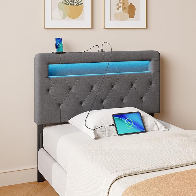 GREENSTELL Headboard for Twin Size Bed with 60,000 DIY Color of LED Light, USB & Type C Post, Upholstered, Height Adjustable, Sturdy, Easy Assembly, Wall Mounted Head Boards Only, Gray