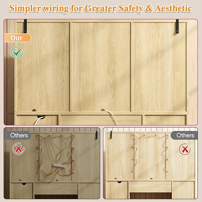 47'' W Large Vanity Desk with Mirror and Lights, 8 Storage Shelves 7 Drawers Vanity Table, Big Makeup Vanity Desk with 3 Lighting Modes, Vanity Dresser with Charging Station, Sliding Mirror (Natural)