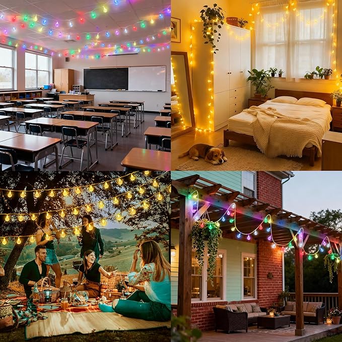 OMIKA 50FT 100LED Outdoor String Lights Plug in, APP & Remote Control Smart Crystal Globe Lights, Dimmable RGB & Warm White Patio Lights with Timer, Music Sync for Christmas Garden Party