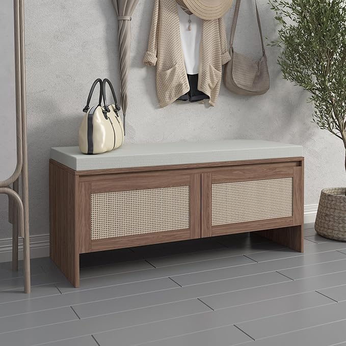 Rattan Entryway Bench with Cushion, Mid-Century Modern Shoe Cabinet with 2 Rattan Doors, Storage Bench for Hallway, Antique Natural