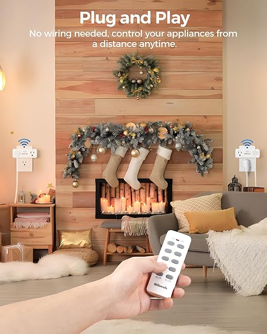 Remote Control Outlet with 4 Independent Control Sockets, WILAWELS Wireless Remote Light Switch for Christmas Tree Lights, String Lights, 15A/1875W/125V, FCC Certified, One Remote for 4 Plugs