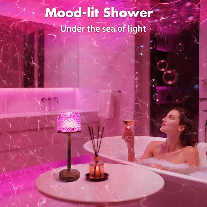Waterproof Shower Lamp for Inside Shower, Rechargeable Bathroom Lamp with Remote & Touch Control, Cordless Shower Light with 16 Color Changeable, LED Ocean Wave Projector Light for Spa, Walnut Wood