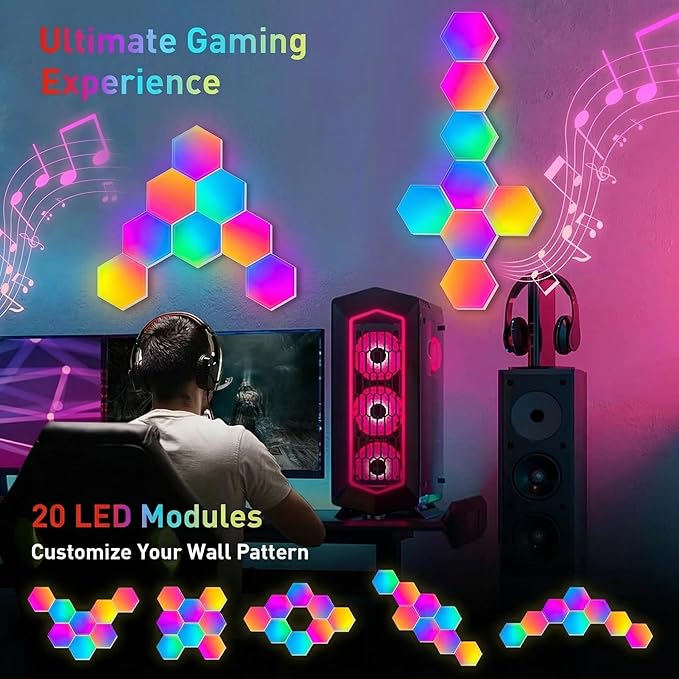 Hexagon LED Light Wall Panels – RGB Smart Gaming Light with App, Remote and Music Sync, Modular Gaming Wall Decor for Bedroom, Game and Living Room(20-Pack)