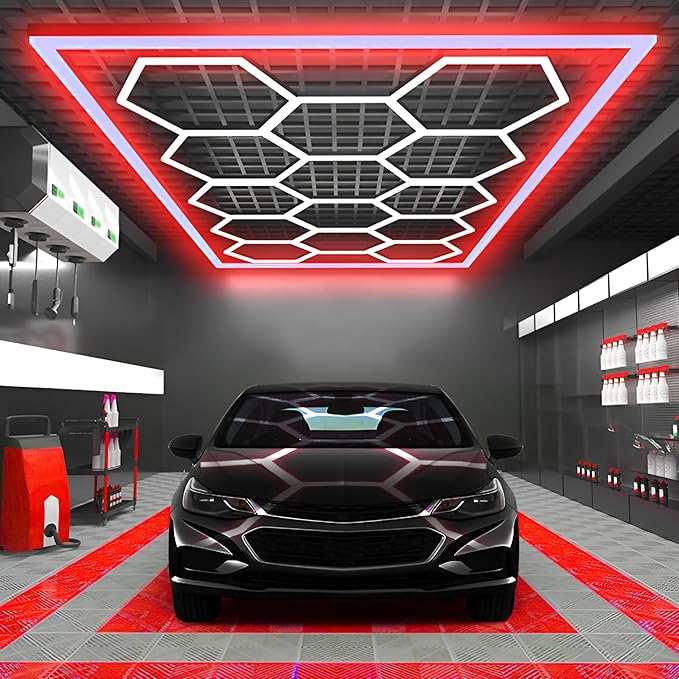 Large Hexagon Garage Lights 14 Hex LED Higher Brightness Lights with Red Light Rectangle Frame Octagon Honeycomb Lighting for Garage Car Detailing Barber Shop Gym Warehouses.