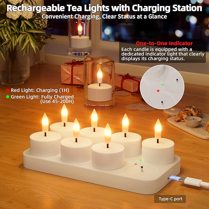 Rechargeable Flameless Tea Lights Candles with Charging Station 8Pcs Battery Tea Lights with Remote & Timer LED Tealight Flickering Realistic for Home Christmas Wedding Decor - White