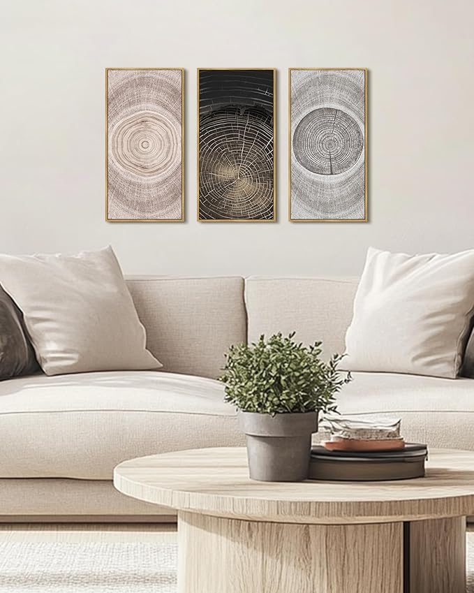 KUVIOKE Vintage Wood Tree Rings Wall Decor Farmhouse Rustic Artwork Living Room Bedroom Art Nature Artwork 8x16in3pcs Natural Framed