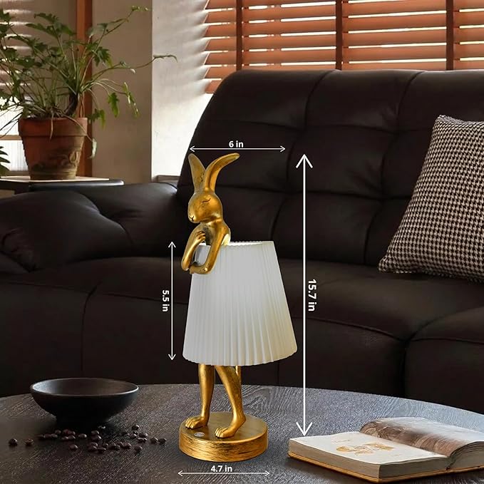 Cordless Rabbit Table Lamp Rechargeable LED 5000mAh, 15.7” Cute Decorative Night Light with Linen Shade & Gold-Tone Bunny Design, Portable Touch Dimmable Bedside Lamp for Bedroom, Home Decor (gray)