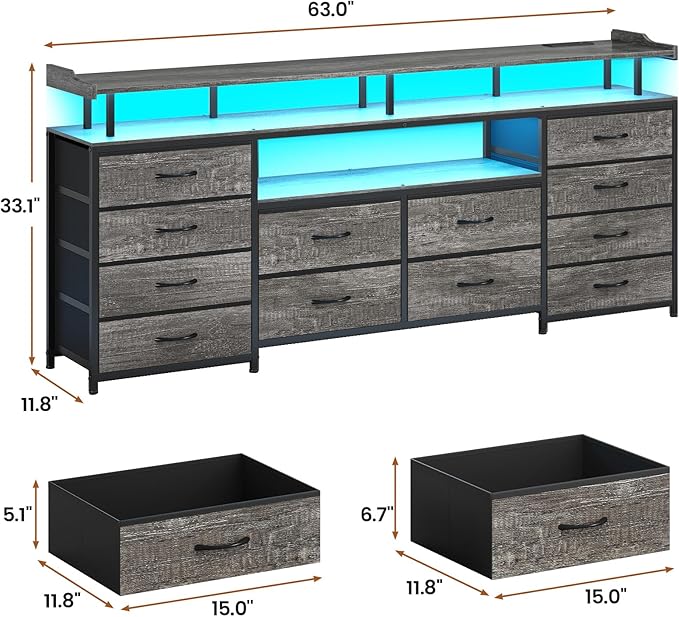 BTHFST 12 Drawers TV Stand Dresser for 65/70 inch TV, Entertainment Center with LED Lights & Power Outlets, 63" Large LED TV Stand, TV Console for Bedroom
