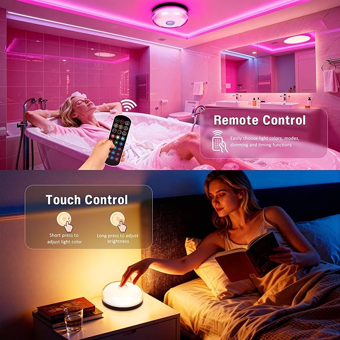 Loscarol Rechargeable Shower Lights with Remote, 15 RGBW Color Changeable Shower Lamp Waterproof, Dimmable ＆Timer Ceiling Light, Wireless LED Mood Lighting for Bathroom, Closet (Black, 2 Pack)