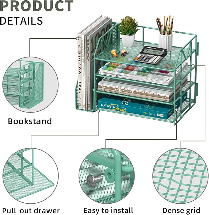Green Desk Organizers and Accessories with File Holder – Aesthetic Desk Accessories for Women – Decorative Office Set with Magazine Rack – Desk Set for Office Setup and Decor