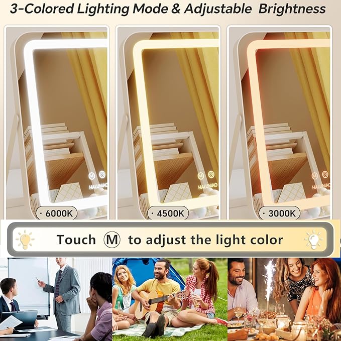 Vanity Mirror with Lights, 14.5" Light Up Makeup Mirror, LED Makeup Mirror with Lights for Bedroom Tabletop, Smart Touch Control 3 Colors Dimmable, 360° Rotation