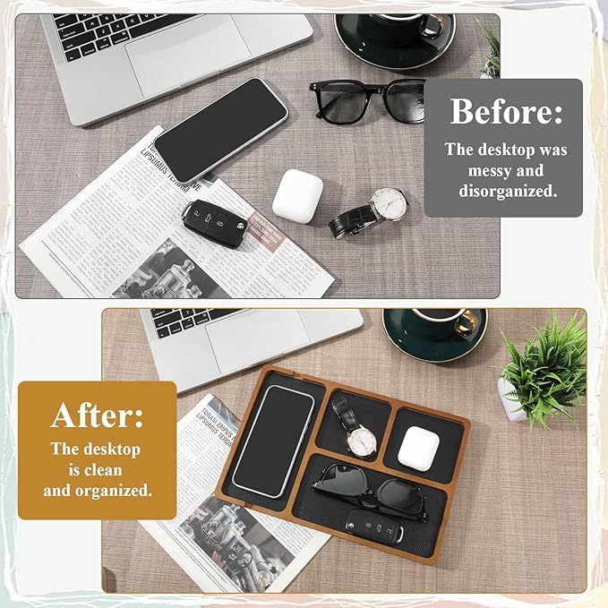Walnut Wooden Valet Tray for Men, PU Leather Inlay Nightstand Organizer, Bedside Table Tray with Cable Slot for Keys, Phone, Watch, Jewelry