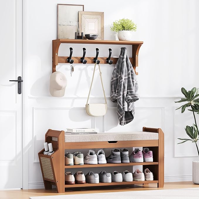 31.5" Bamboo Shoe Rack Bench with Coat Rack, 3-Tier Entryway Bench with Thick Cushion, Flip-Top & Side Baskets, Holds Up to 550 LBS for Hallway, Living Room, Bedroom