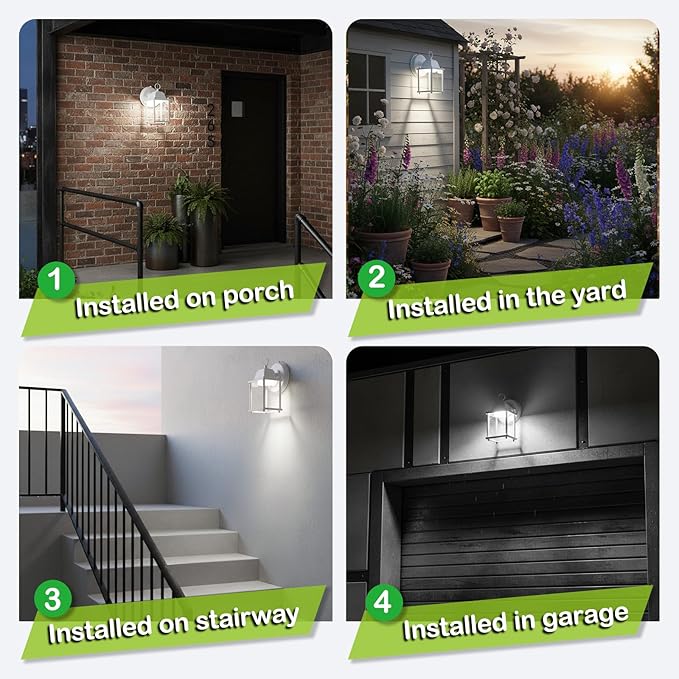 LIT-PaTH Dusk to Dawn Outdoor Wall Lantern, LED Wall Sconce, 5000K Daylight White, 9.5W, 800 Lumen, Aluminum Housing Plus Glass, Outdoor Rated, 2-Pack, White