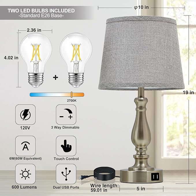 Table Lamps for Bedroom Set of 2,Dimmable Touch Bedside Lamps with Dual USB A+C Ports - Nightstand Lamp for End Table Modern Night Stand Lamps for Living Room Guest Room