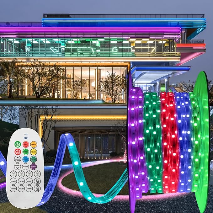 110V 8 Colors RGB Dimmable Strip Light Outdoor 131.2ft 40m Rope Lighting Kit Indoor Waterproof IP65 Connectable Flexible for Christmas Bar Boat Parties Landscape Decoration