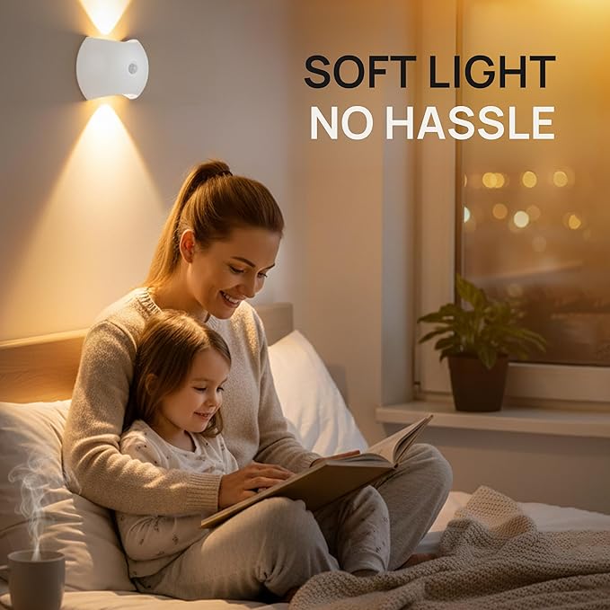 Battery Operated Wall Sconces Set of Two, Rechargeable Wireless LED Wall Lights — Motion Sensor, No Drill Magnetic Mount, 3 Modes, for Bedroom Hallway Stairs, White