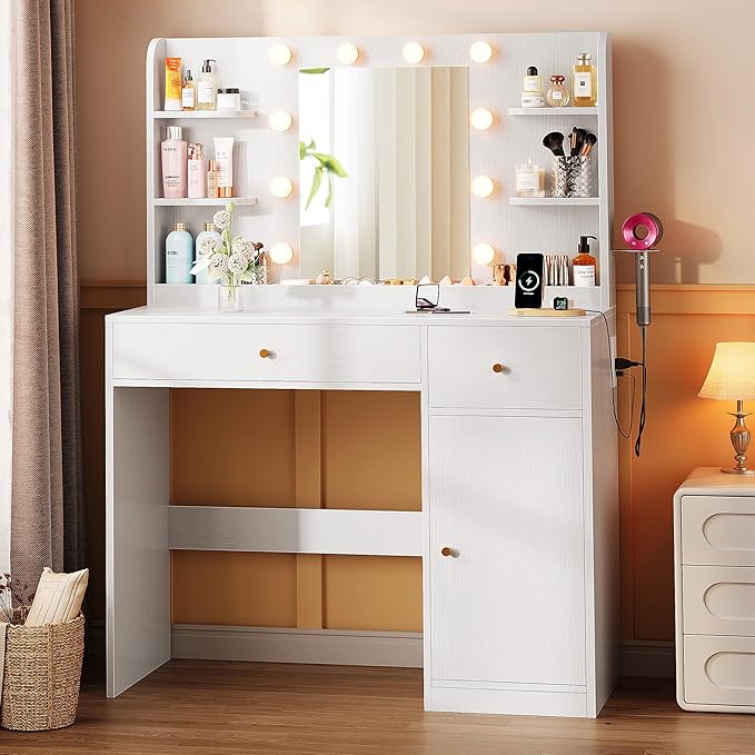 Vanity Desk with Mirror and Lights, 35" Makeup Vanity with 2 Drawers, Storage Cabinet, 8 Open Shelves, 3 Lighting Modes Adjustable Brightness, Power Outlet, Dressing Table for Bedroom, White