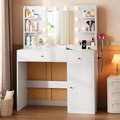 Vanity Desk with Mirror and Lights, 35" Makeup Vanity with 2 Drawers, Storage Cabinet, 8 Open Shelves, 3 Lighting Modes Adjustable Brightness, Power Outlet, Dressing Table for Bedroom, White