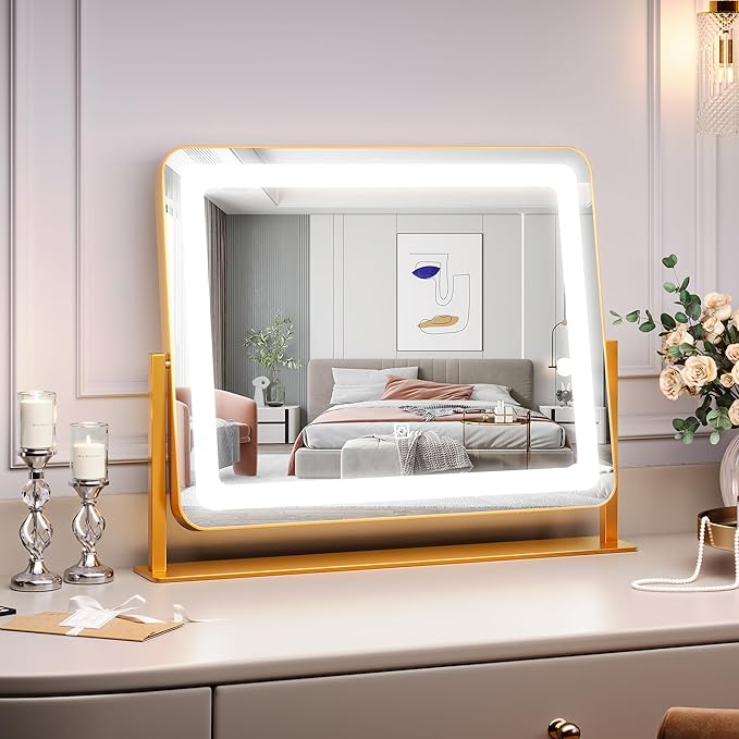 19.6 in x15.7 in Vanity Mirror with Lights, Large Lighted Mirror, LED Makeup Mirror with 3-Color Dimmable Modes and Smart Touch Control, Perfect for Desk or Bedroom, Vanity Desk Tabletop Makeup, Gold