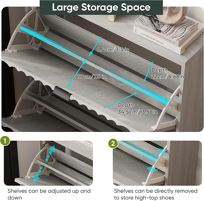31.5''W Shoe Cabinet for Entryway with 2 Flip Drawers, Narrow Wood Shoe Storage Cabinet with Fluted Panel, Freestanding Hidden Shoe Organizer for Foyer, Hallway, Grey